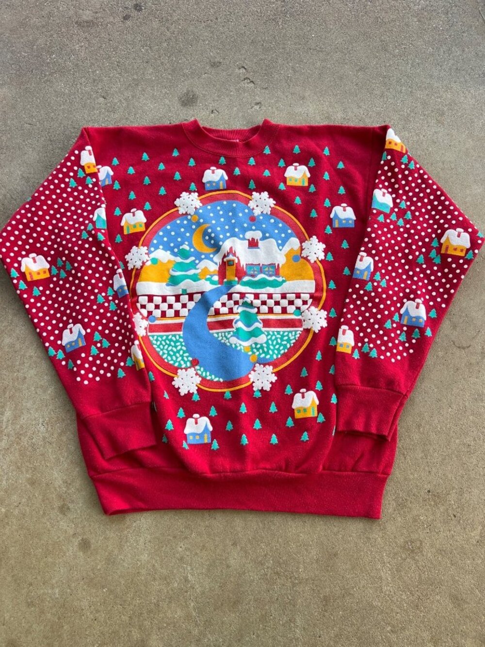 Vintage Tultex Christmas Sweatshirt Red With Winter Scene Graphic Large B3